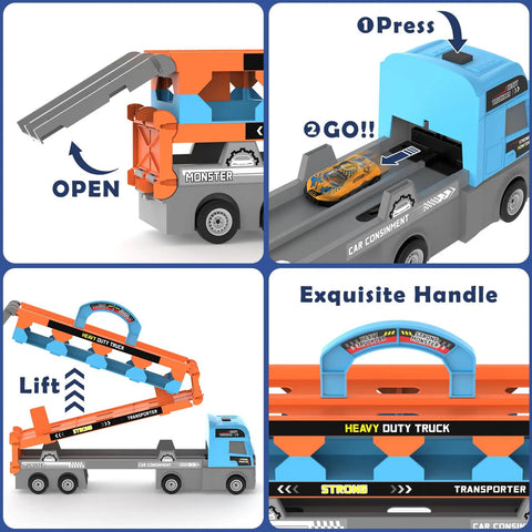 2-in-1 Foldable Race Track Truck Playset For Kids Ages 4 To 8 Transforms From Carrier To A 55 Inch Foldable Track With Dual Launchers