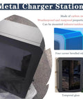 Universal EV Charging Station Cover With Tempered Glass Dual Lock Defense Heavy Duty Weatherproof Housing Secure Your Rig Against Theft And Weather Rock Solid Protection Fits Most Models, side view showing carbon steel and tempered glass.