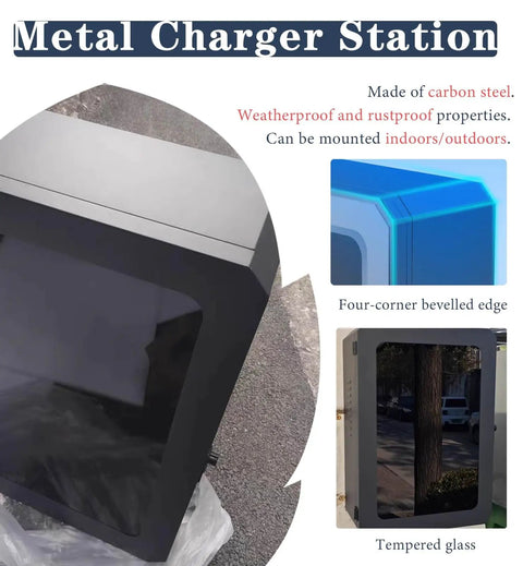 Heavy Duty EV Charger Wall Box Featuring Straight Up Dual Lock Security And All Weather Shell Designed For Tesla Charging Cables Mounted Safely Outside With Zero Hassles Or Rust To Worry About Now, carbon steel construction, bevelled edges.