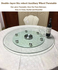 Transparent Tempered Glass Lazy Susan Turntable with Silent Bearing on table, bottle, wine glasses, 35in size centered