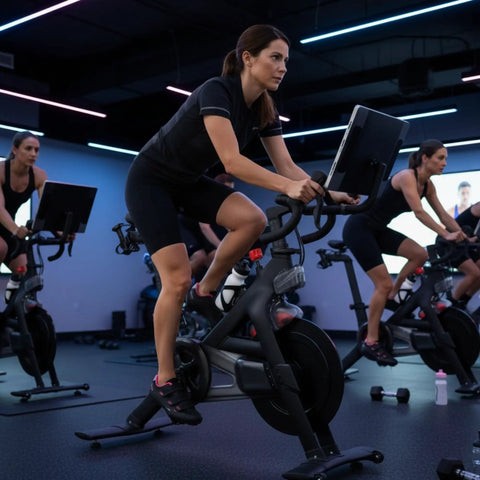 Woman wearing Women's Indoor Spin Shoes With Preinstalled SPD Cleats Ready To Ride Grippy Sole Compatible With Most Spin Classes in spin class