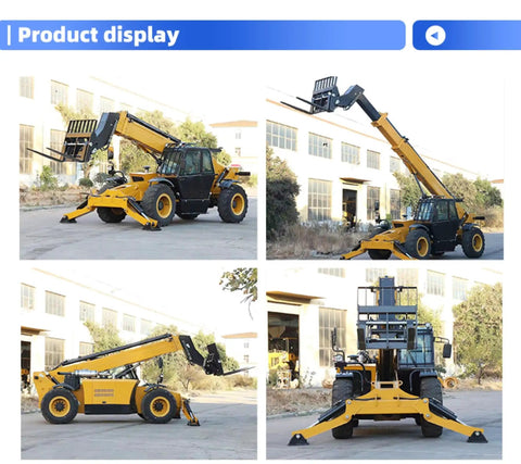 Heavy Duty 4WD Rough Terrain Telehandler With High Reach Telescopic Boom And Custom Hydraulic Loader Setup showing various angles.