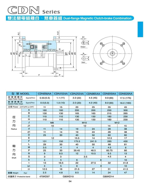 Diagram and specifications for DC 24V 35W 90Nm Double Flange Magnetic Clutch Brake Combination CSN010AA