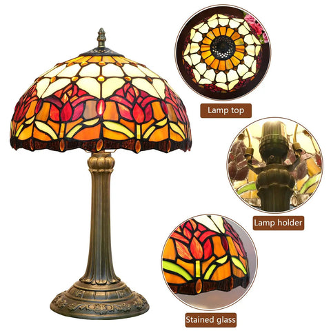 Red Tulip Tiffany Style Stained Glass Table Lamp With A 12 Inch Lampshade For Bedside Reading Desk And Living Spaces Dope Vintage Retro Accent Light For Bedroom Office Dorm Bar Cottage Decor showcasing stained glass, lamp holder, and top view.