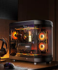 Gaming PC with RTX GPU, equipped with 12VHPWR PCIe 5.0 PSU Extension Cable Kit for RTX 50 And 40 Series GPUs, glowing orange lights.