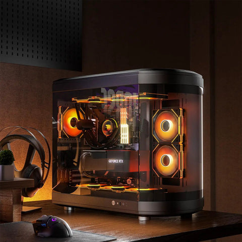 Gaming PC with RTX GPU, equipped with 12VHPWR PCIe 5.0 PSU Extension Cable Kit for RTX 50 And 40 Series GPUs, glowing orange lights.