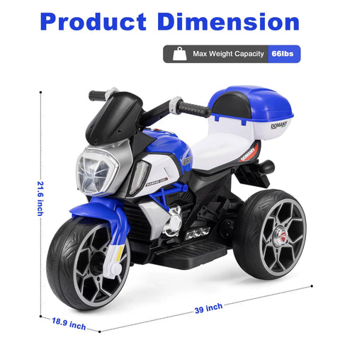 6V Kids Electric Three-Wheel Ride-On Motorcycle For Ages 3-8, 21.6-inch tall, 66-lb max weight