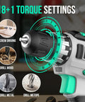 Close-up of cordless drill kit with 20V max power, showing 3/8 inch keyless chuck, and 18 plus 1 clutch settings for versatile use.