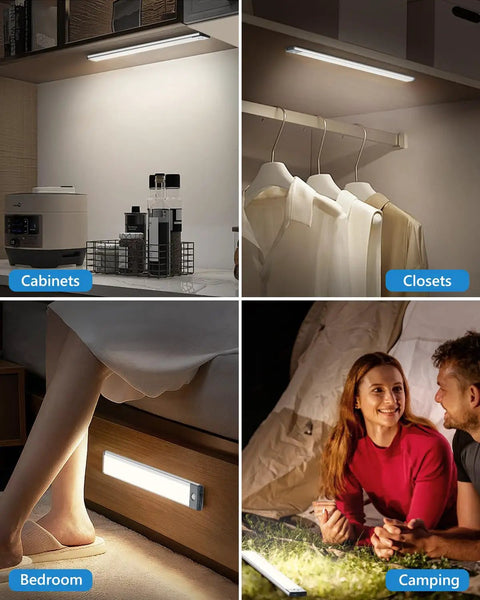 Rechargeable Motion Sensor LED Cabinet Light Two Pack With 2500mAh Battery shown in cabinets, closets, bedrooms, and camping tents.