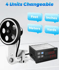 Rugged Digital Length Counter With Smooth Rolling Encoder And Single Measuring Wheel Offering Dual Relay Outputs Tracks Feet Inches Meters Yards Up To Nine Digits Straight Shooting Accuracy Zero Hassle For Pro Shop Floors displaying encoder and digital readout.