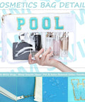 Two Pack Clear PVC Cosmetic Pouches With Chenille Letter Patches, waterproof poolside organizer bag with wrist strap and cosmetics inside.