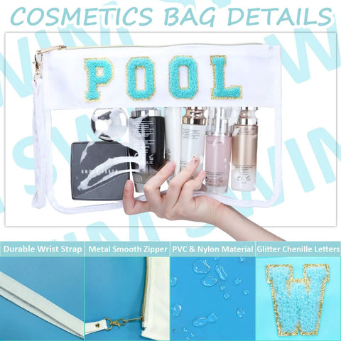 Two Pack Clear PVC Cosmetic Pouches With Chenille Letter Patches, waterproof poolside organizer bag with wrist strap and cosmetics inside.