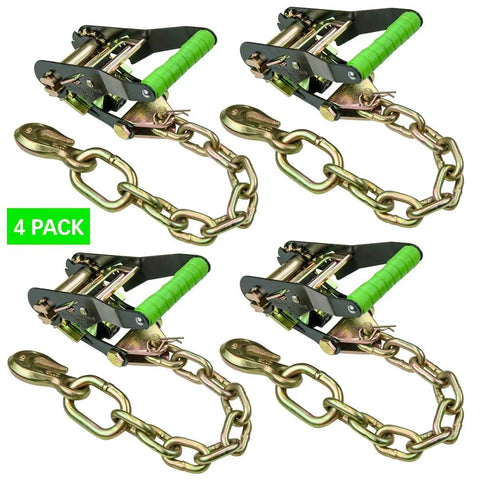 Industrial Grade Built Tough Ratchet Buckle Chain Anchor With 2 Inch Handle High Viz 4 Pack, showcasing lock chains and neon handles.