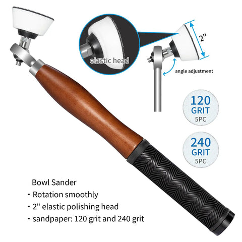 Bowl sander from Carbide Wood Lathe Tool Set With Bowl Sander Six Piece 18 Inch, ergonomic beech handle with rubber grips.