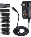 Universal 12V Power Supply Adapter with multiple plugs, adjustable outputs 3V-12V, 5V USB port for LED strip lights and devices.