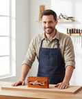 Vertical Hole Opener Dowel Jig Drill Guide Clamp Alloy Body Extended Model used by a smiling man in a workshop setting.