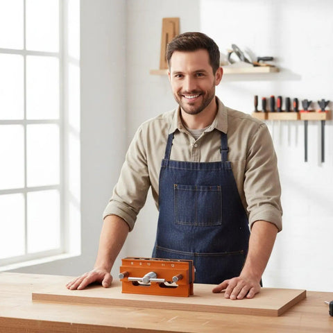 Vertical Hole Opener Dowel Jig Drill Guide Clamp Alloy Body Extended Model used by a smiling man in a workshop setting.