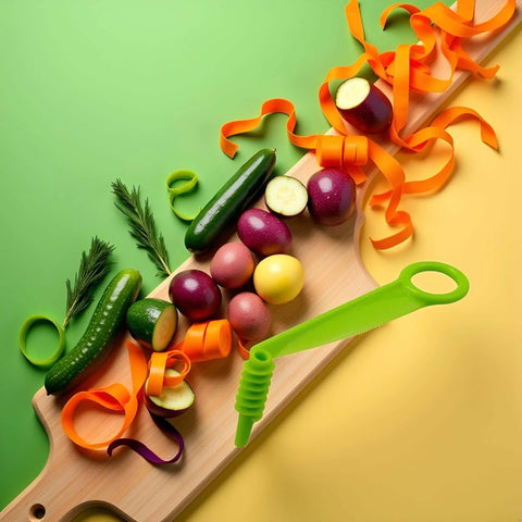 Green plastic handheld spiral slicer front view with cucumbers and colorful vegetables on a wooden cutting board.