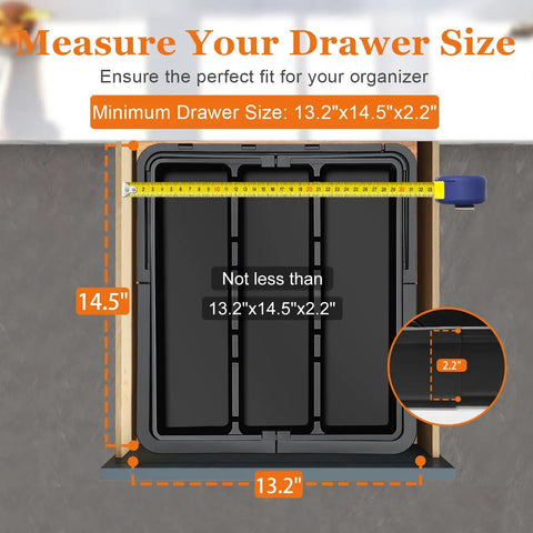 Top view of Beefy Expandable Large Silverware Drawer Organizer for Kitchen Drawers, measuring 13.2x14.5x2.2 inches, black plastic
