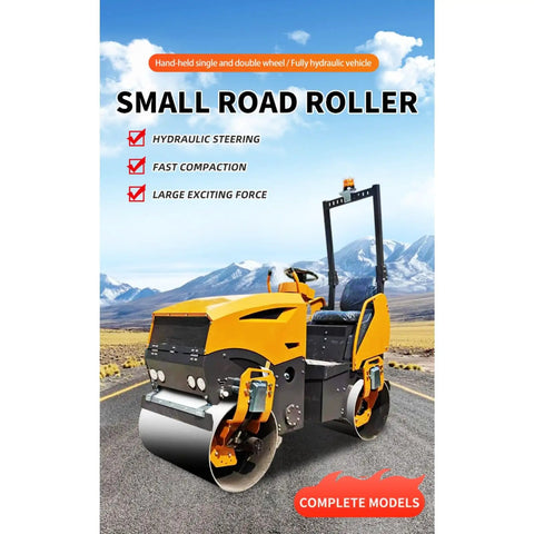 Heavy Duty 800kg Hydraulic Double Drum Vibratory Road Roller Crushes Pavement Repair Jobs With Rock Solid Asphalt Surface Leveling Gear Built Tough For Crews On A Tight Schedule, yellow small road roller on a construction site.