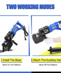 Heavy Duty Electric Hydraulic Hole Punch Kit showing installation of base and auxiliary handle for two working modes
