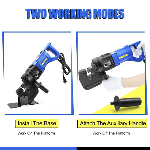 Heavy Duty Electric Hydraulic Hole Punch Kit showing installation of base and auxiliary handle for two working modes