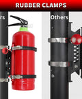 Universal Quick Release Fire Extinguisher Mount With CNC Aluminum Adjustable Roll Bar Holder showing rubber clamps comparison for Jeeps and ATVs.