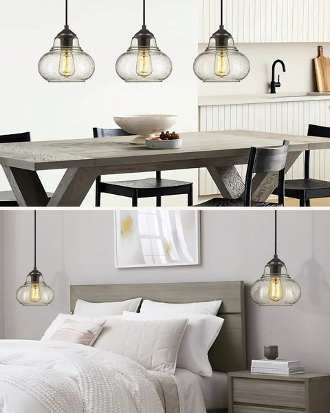 8 Inch Seeded Bubble Glass Pendant Light Fixture with Hand Blown Shade above dining table and bedside for rustic modern decor.