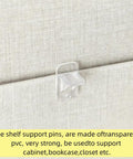 Top Shelf Quarter Inch Plastic Shelf Pegs Twenty Pack Rock Solid Cabinet Supports And Slick Furniture Pins for quick wood bookcase swap on fabric background.