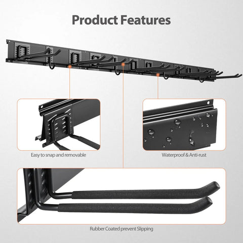Heavy Duty Wall Mounted Tool Organizer Rack With 3 Rails And 6 Removable Hooks feature details, rubber and anti-rust design