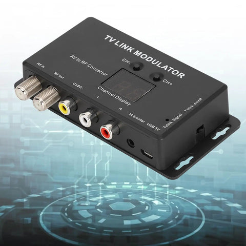 Compact A V To RF Modulator With Adjustable Audio Level And Optional Channel PAL Compatible front view