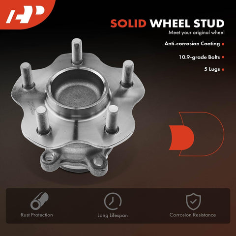 Rear Wheel Bearing And Hub Assembly Pair For Nissan Rogue 2014-2020, Rogue Sport 2017-2022, Qashqai 2017-2019, FWD Only, 5-Lug, Left And Right Sides, Heavy Duty, Easy Install, High Load Capacity, Smooth Rotation, Durable Replacement Kit For Daily Driving, shown with anti-corrosion coating and solid wheel studs.