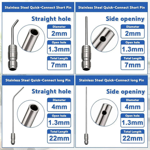 Diagram showing stainless steel quick-connect pins with dimensions for holes and total length.