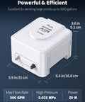 Outdoor Pond Air Pump 500 GPH Aerator Kit For Fish And Koi Ponds Up To 3000 Gallons shown with dimensions and details