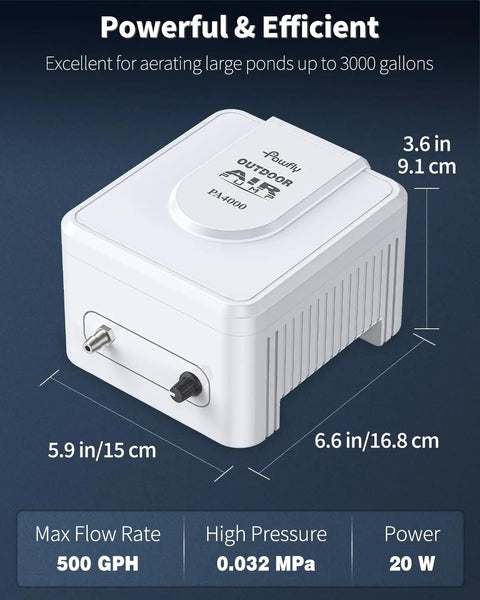 Outdoor Pond Air Pump 500 GPH Aerator Kit For Fish And Koi Ponds Up To 3000 Gallons shown with dimensions and details