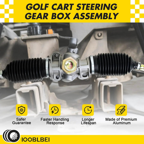 Club Car Precedent Steering Gear Box Assembly Rack Replacement for Precedent Onward Tempo 2004 Up Gas and Electric Golf Carts OEM 102288601 103679701 Direct Fit with aluminum construction and guarantee details in view.