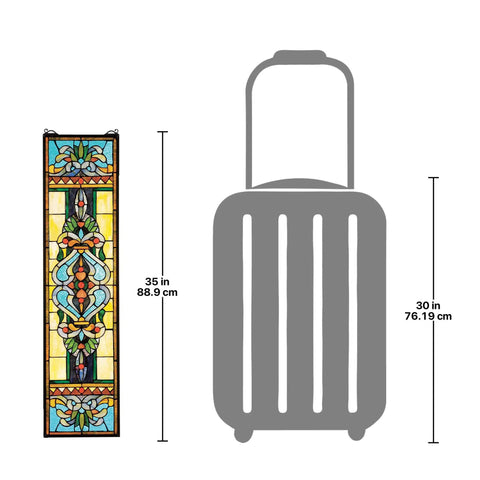 Retro Americana Stained Glass Window Hanging Panel With Scroll Brackets, 9 Inch Wide By 0 Inch Deep By 35 Inch High, Full Color Finish