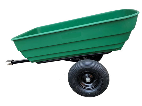 Side view of Dumping Lawn And Garden Utility Trailer With 6.5 Cubic Foot Poly Tray, 600 Lb Load, Tow Behind Mowers Or Equipment