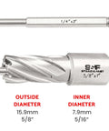Two-piece S&F Stead & Fast annular cutter set: 5/8 inch diameter cutter and 1/4 by 3 inch shank
