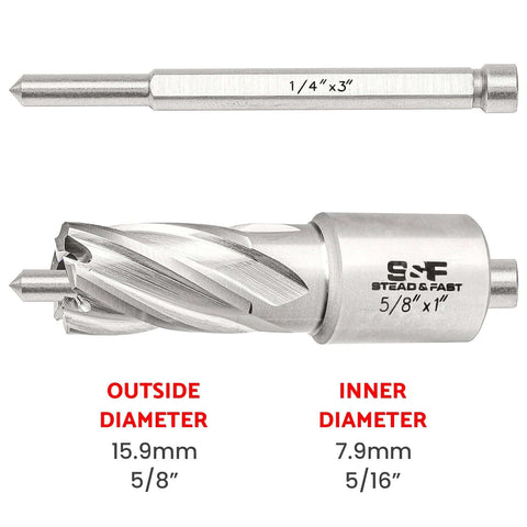 Two-piece S&F Stead & Fast annular cutter set: 5/8 inch diameter cutter and 1/4 by 3 inch shank
