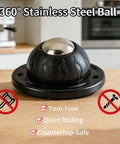 360° Stainless Steel Ball on wood surface, designed for quiet rolling, tool-free use, and countertop-safe application.