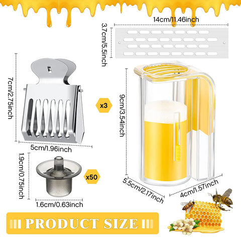 Beekeeping Queen Bee Marker Kit Pro Pack with dimensions of marker clips, plastic bottle, and beekeeping platforms shown.