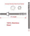 Beefy 1/2 Inch By 6 Inch Wedge Anchor Set, 5 Piece, Stainless Steel 304 Corrosion Resistant, With Washers And Nuts Included, Built To Last