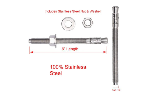 Beefy 1/2 Inch By 6 Inch Wedge Anchor Set, 5 Piece, Stainless Steel 304 Corrosion Resistant, With Washers And Nuts Included, Built To Last