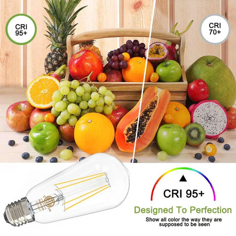 Rad Retro Vintage Dimmable LED Edison Bulbs 60W Equivalent Warm White 2700K 800LM E26 Base ETL Listed ST58 Filament with fruit display