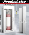 Front and side view of 2 Pack Semi Recessed Fire Extinguisher Cabinet, Heavy Duty Steel Wall Mount With Magnetic Door And Acrylic Window, 2.5 Inch Trim Frame, White Finish, Fits Most 2.5, 5, And 10 Lb Dry Powder Extinguishers, Ideal For Home, Garage, Or Office showing dimensions.