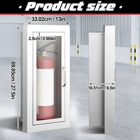 Front and side view of 2 Pack Semi Recessed Fire Extinguisher Cabinet, Heavy Duty Steel Wall Mount With Magnetic Door And Acrylic Window, 2.5 Inch Trim Frame, White Finish, Fits Most 2.5, 5, And 10 Lb Dry Powder Extinguishers, Ideal For Home, Garage, Or Office showing dimensions.