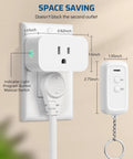Plug And Play Wireless Remote Outlet Switch With 100ft RF Range No Wiring No Fuss Setup Easy To Use For Hard To Reach Sockets And Home Appliances 15A 1875W Programmable Light Control, showing dimensions and design features.