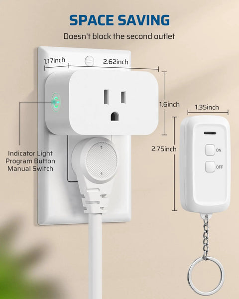 Plug And Play Wireless Remote Outlet Switch With 100ft RF Range No Wiring No Fuss Setup Easy To Use For Hard To Reach Sockets And Home Appliances 15A 1875W Programmable Light Control, showing dimensions and design features.