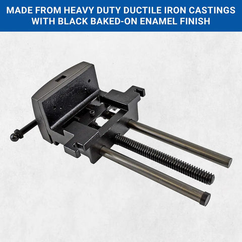 7 Inch Heavy Duty Woodworking Vise with ductile iron body, black enamel finish, showing replaceable bronze nut and clamp design.